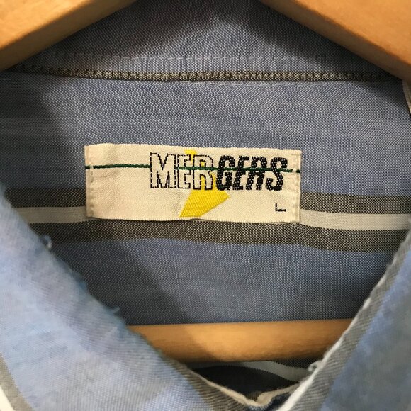 Mergers Button-Down Oxford Shirt: Vintage 80s Blue Gray Cream Striped, Size L - Picture 3 of 8